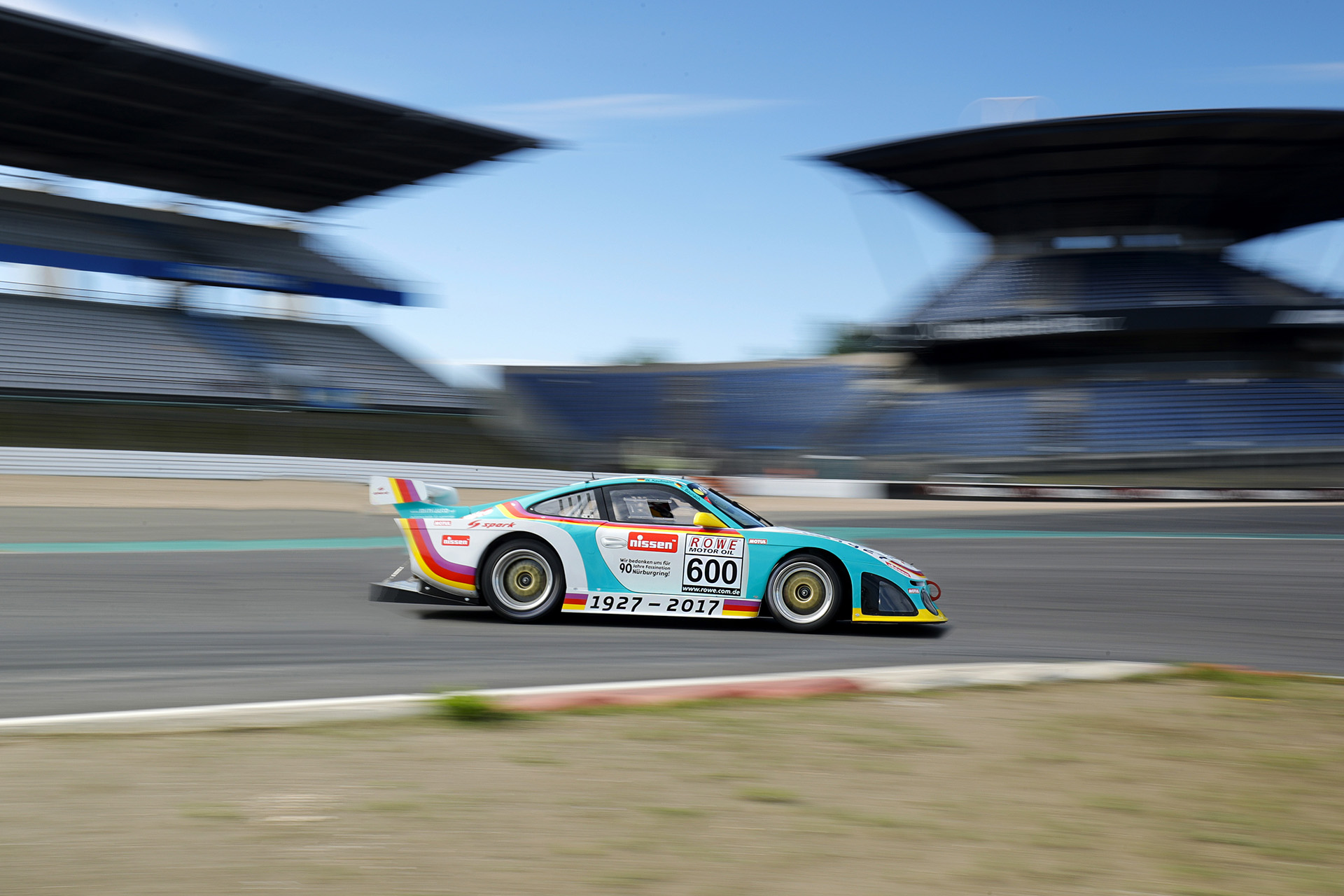 car on racetrack panning shot